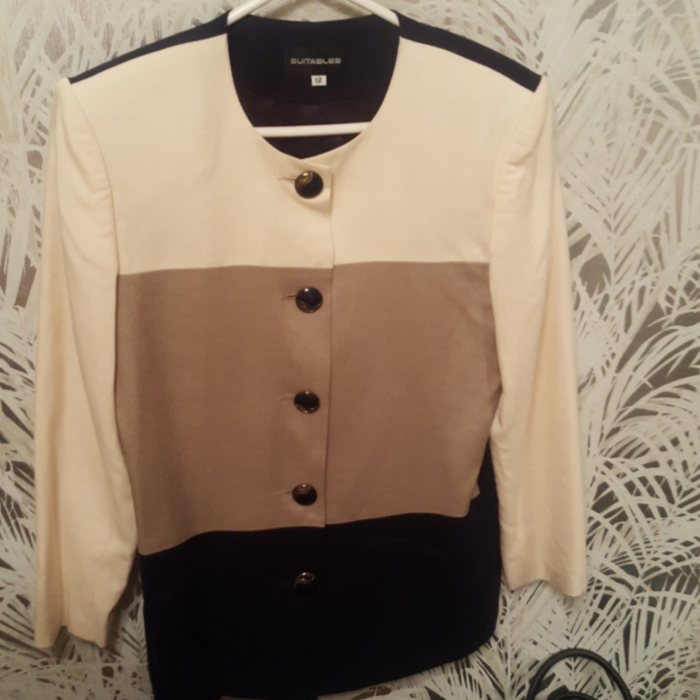 Sz 12 Navy/Cream/Tan Button Down Blazer